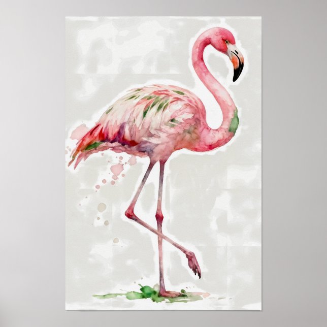 Tropical Watercolor Pink Flamingo On White Poster (Front)