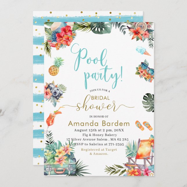 Tropical Watercolor Poolside Summer Bridal Shower Invitation (Front/Back)