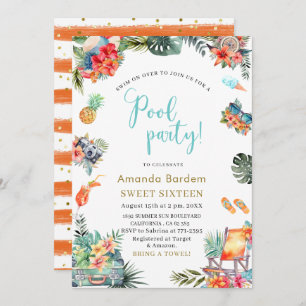 Tropical Watercolor Poolside Summer Sixteen Birthd Invitation