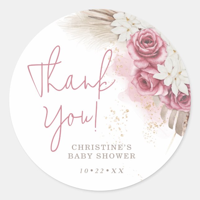 Tropical Watercolor Roses Baby Shower Classic Round Sticker (Front)