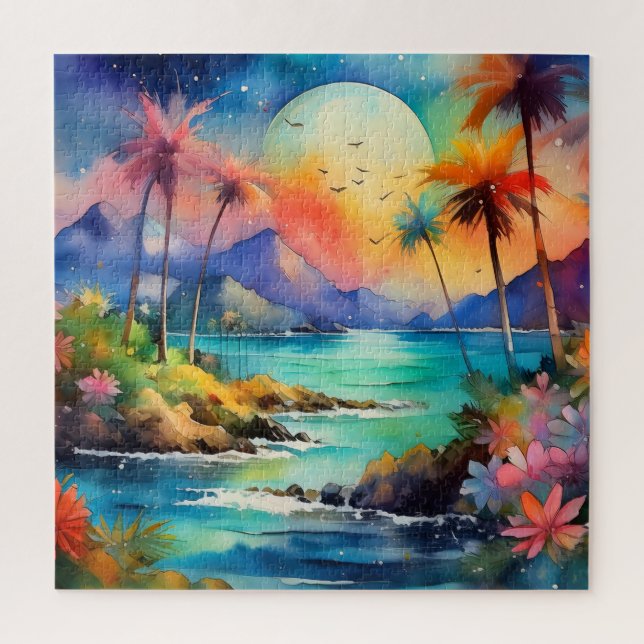 tropical watercolor scene puzzle (Vertical)