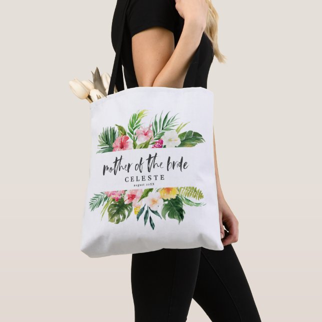 Tropical watercolor script mother of the bride tote bag (Close Up)