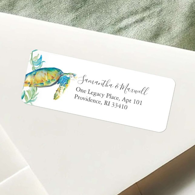 Tropical Watercolor Sea Turtle Address Labels (Sea turtle return address labels watercolor tropical art by Victoria Grigaliunas Do Tell A Belle)
