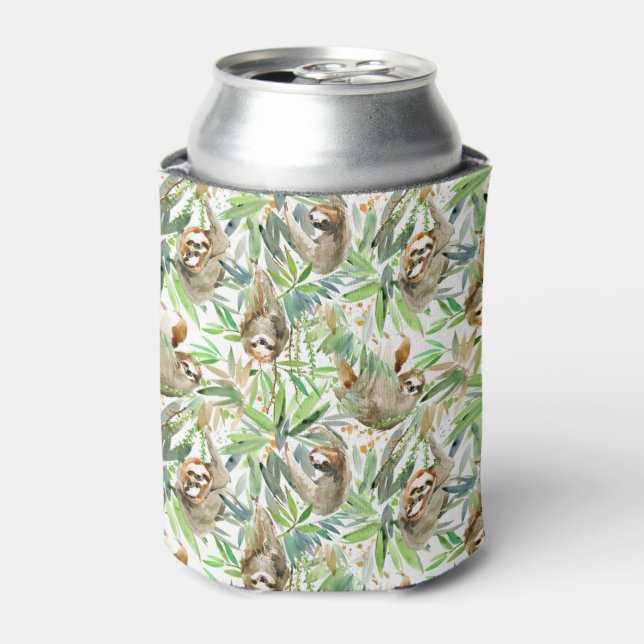 Tropical Watercolor Sloth Pattern Can Cooler (Can Front)