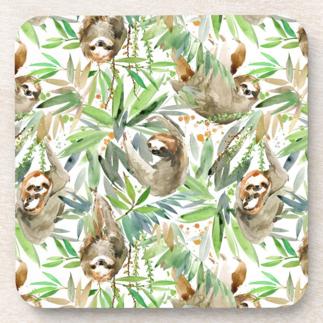 Tropical Watercolor Sloth Pattern Coaster (Front)