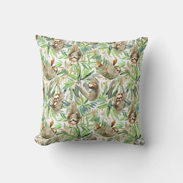 Tropical Watercolor Sloth Pattern Cushion (Front)
