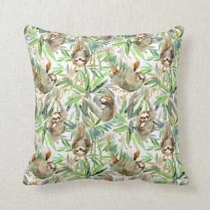 Tropical Watercolor Sloth Pattern Cushion
