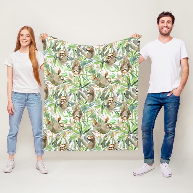 Tropical Watercolor Sloth Pattern Fleece Blanket (In Situ)
