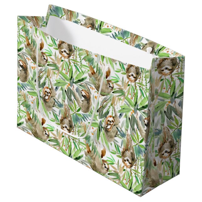 Tropical Watercolor Sloth Pattern Large Gift Bag (Front Angled)
