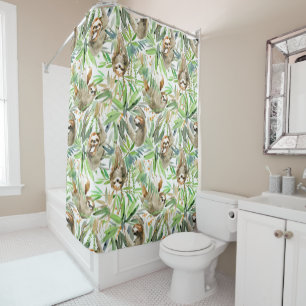 Tropical Watercolor Sloth Pattern Shower Curtain