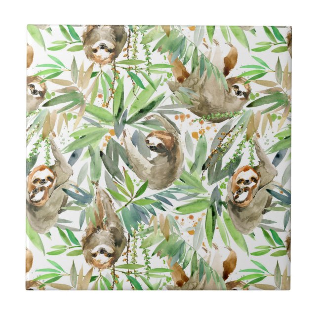 Tropical Watercolor Sloth Pattern Tile (Front)