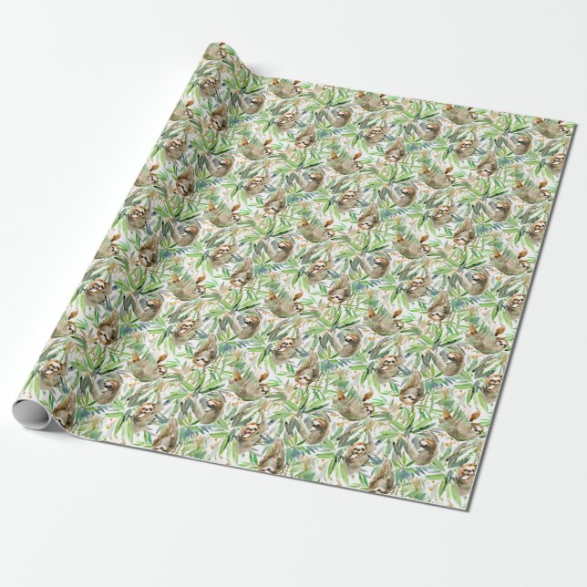 Tropical Watercolor Sloth Pattern Wrapping Paper (Unrolled)