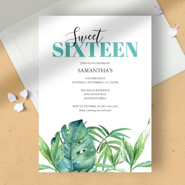 Tropical Watercolor Sweet 16 Birthday Invitations (birthday party sweet 16 tropical luau green monstera palm leaves)