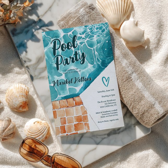 Tropical Watercolor Sweet 16 Pool Party Birthday Invitation (Tropical Watercolor Sweet 16 Pool Party Birthday Invitation)