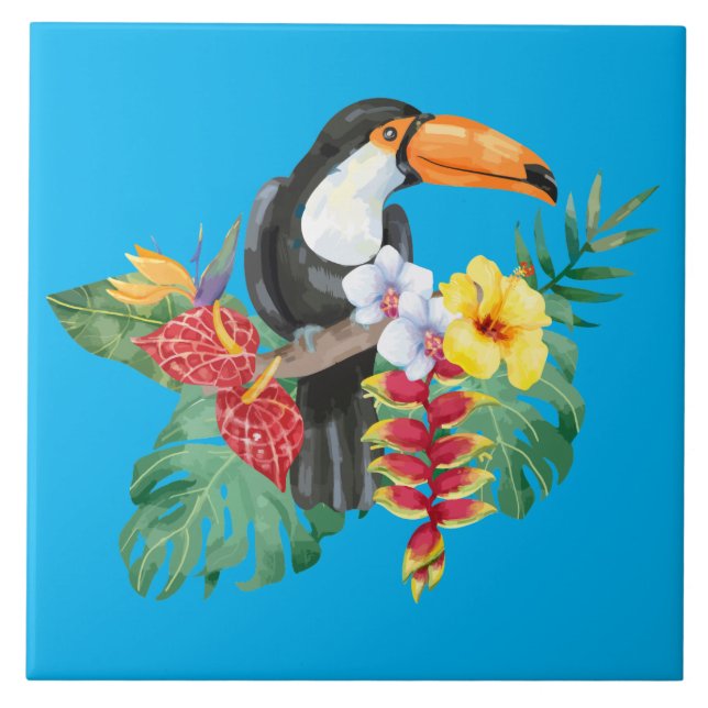 Tropical Watercolor Toucan & Flowers Tile (Front)