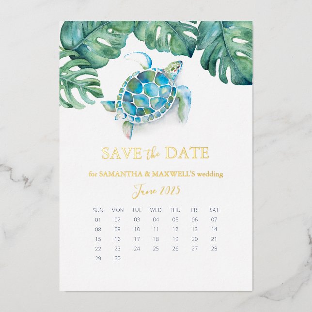 Tropical Watercolor Wedding Save The Date Foil (Front)