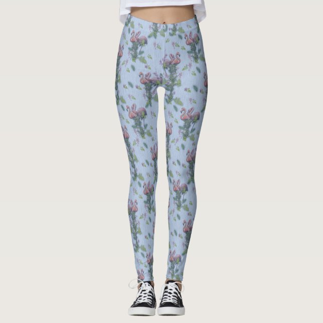 Tropical Watercolors of Flamingos Repeat Print Leggings (Front)