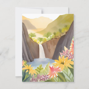 Tropical Waterfall   Floral Watercolor Landscape Postcard