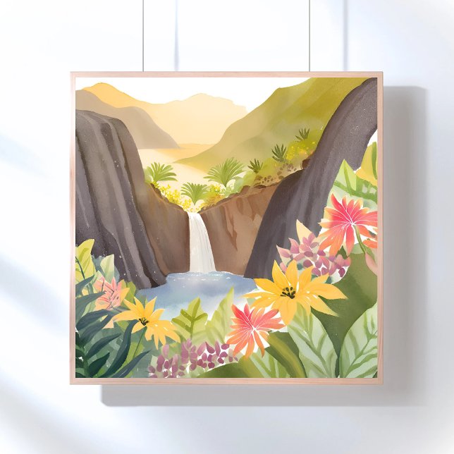 Tropical Waterfall | Floral Watercolor Landscape Poster (Creator Uploaded)