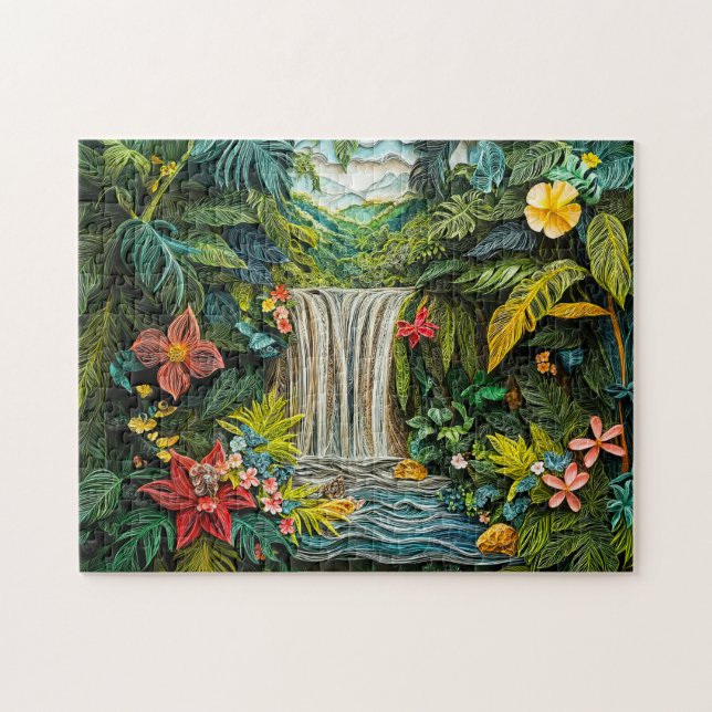 Tropical Waterfall in Vibrant Quilling Style Jigsaw Puzzle (Horizontal)
