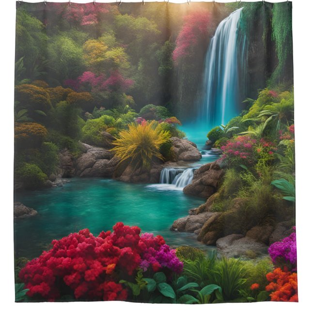 “Tropical Waterfall Serenity” Shower Curtain (Front)