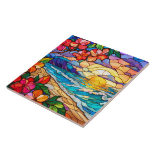 tropical waterfall Stained glass art Tile