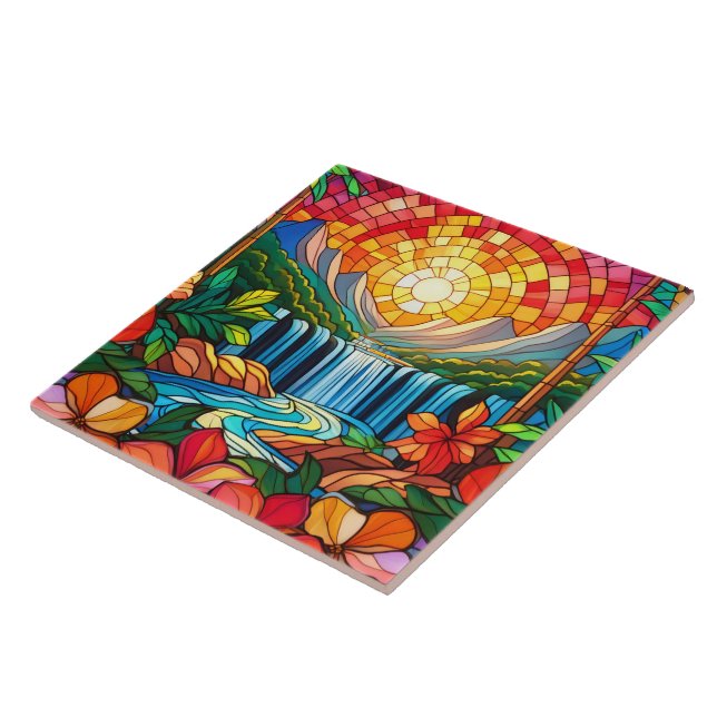 tropical waterfall Stained glass art Tile (Side)