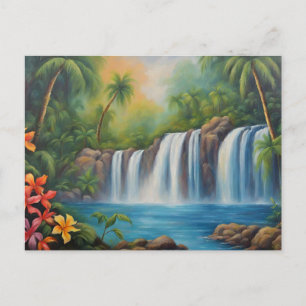 Tropical Waterfall with Flowers Postcard