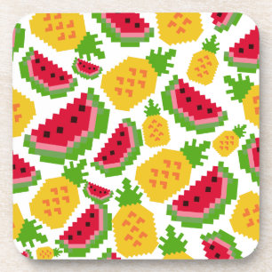 Tropical Watermelon and Pineapple Pixel Pattern Coaster