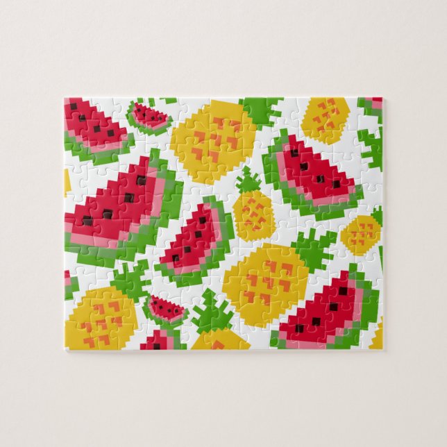 Tropical Watermelon and Pineapple Pixel Pattern Jigsaw Puzzle (Horizontal)