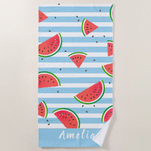 Tropical Watermelon Red Stripes Personalised Beach Towel