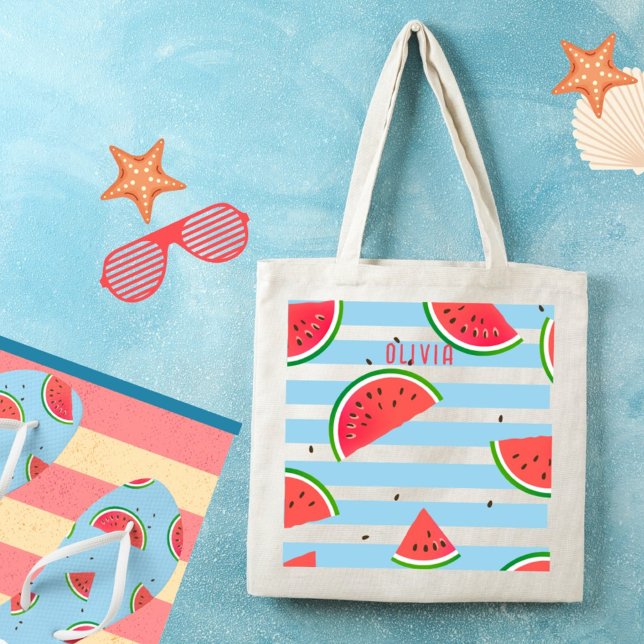 Tropical Watermelon Red Stripes Personalised Tote Bag (Creator Uploaded)