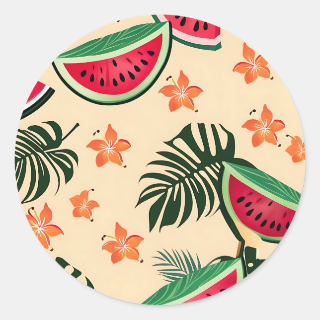 Tropical Watermelon Summer Pattern Classic Round Sticker (Front)