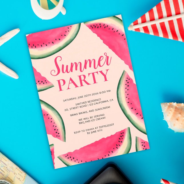 Tropical watermelon watercolor summer party pink invitation (Creator Uploaded)