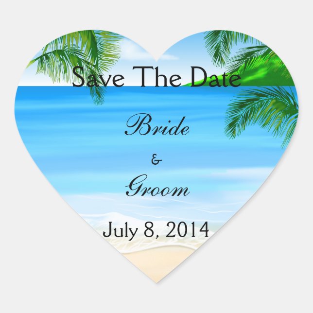 Tropical Waters Beach Wedding Save The Date Heart Sticker (Front)