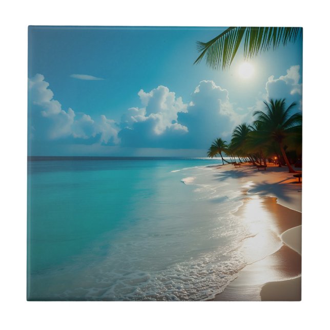 Tropical Waves Blue cloudy sky beach Tile (Front)