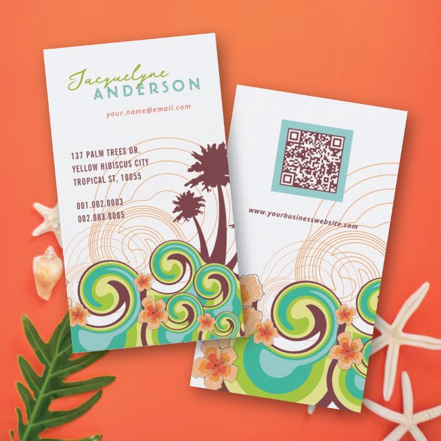 Tropical Waves Hibiscus Summer Beach Palm Trees Business Card (Tropical Waves Hibiscus Summer Beach Palm Trees Business Card @ fat_fa_tin)