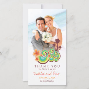 Tropical Waves Orange Hibiscus Beach Wedding Photo Thank You Card