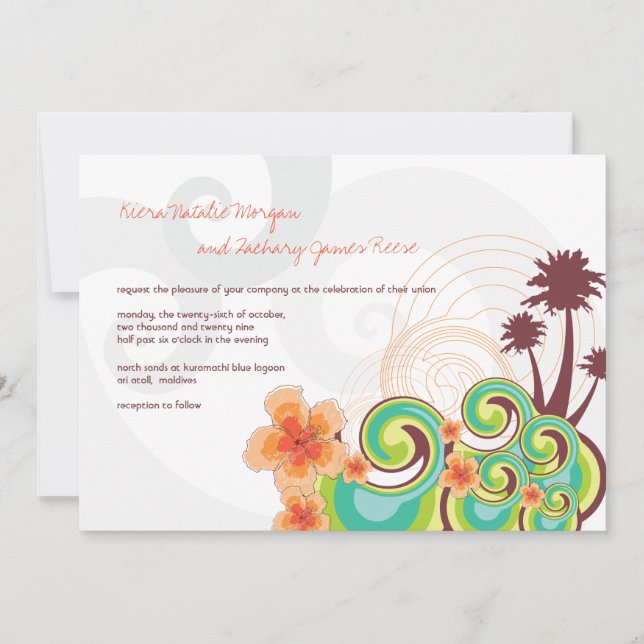 Tropical Waves Orange Hibiscus Destination Wedding Invitation (Front)
