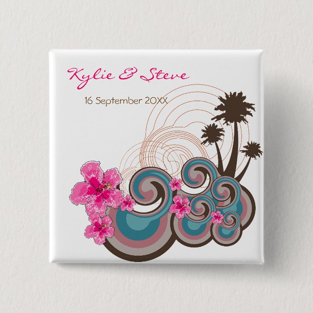 Tropical Waves Pink Hibiscus Destination Wedding 15 Cm Square Badge (Front)