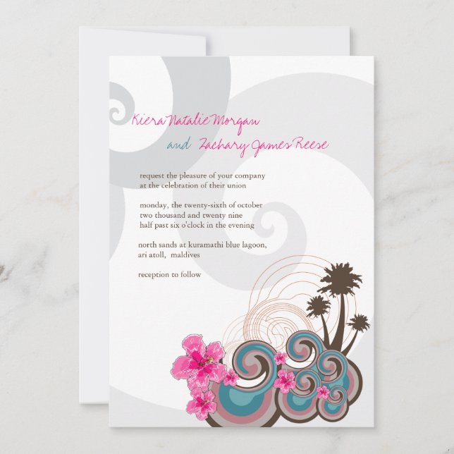 Tropical Waves Pink Hibiscus Destination Wedding Invitation (Front)