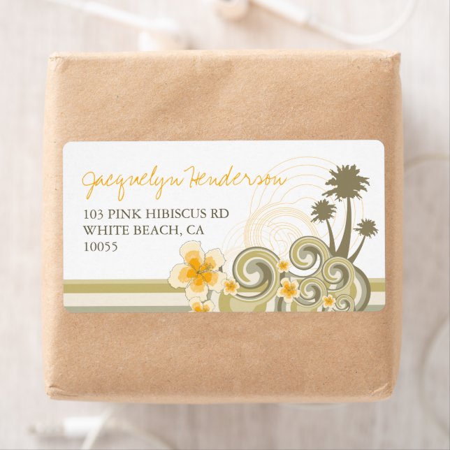 Tropical Waves Yellow Hibiscus Palm Trees Address (Insitu)