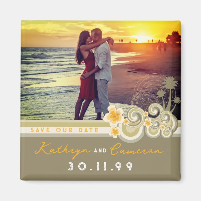 Tropical Waves Yellow Hibiscus Photo Save The Date Magnet (Front)