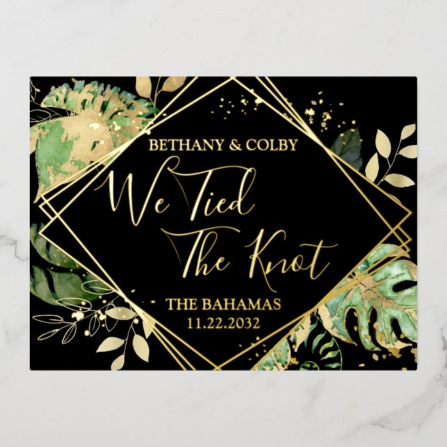 Tropical We Tied the Knot Elopement Reception Foil Invitation Postcard (Front)