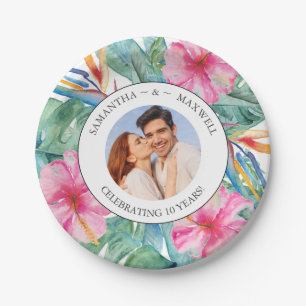 Tropical Wedding Anniversary Party Photo Paper Plate