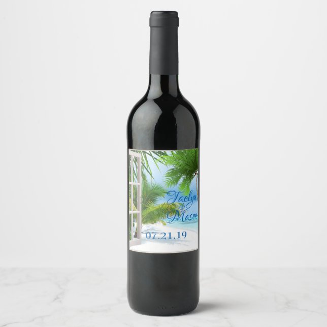 Tropical Wedding Beach Scene Beverage Label (Front)