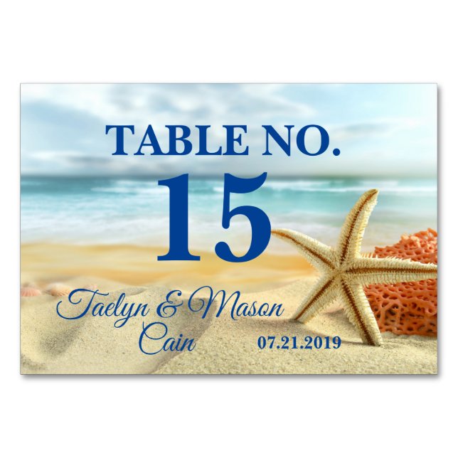 Tropical Wedding Beach Scene Table No. Card (Front)
