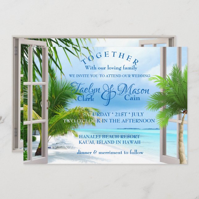 Tropical Wedding Beach Scene Wedding Invitation (Front/Back)