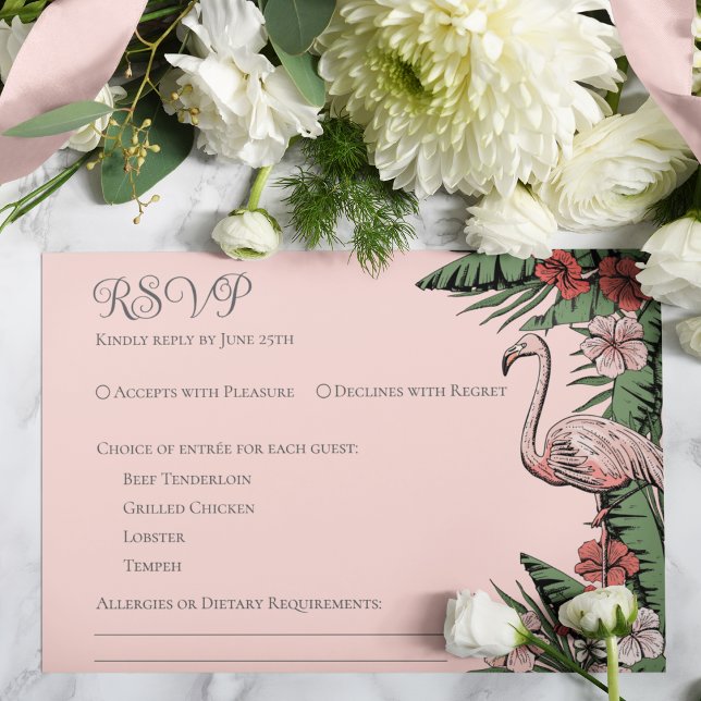 Tropical Wedding Blush Pink RSVP Card (Elegant & Chic Blush Pink Floral Flamingo Tropical, Summer or Beach Wedding RSVP Response Card. )