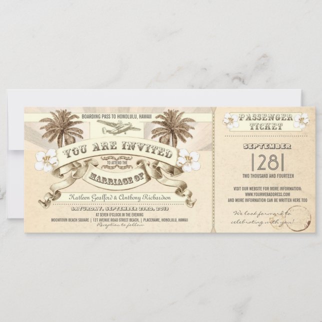 TROPICAL wedding boarding pass tickets invitations (Front)